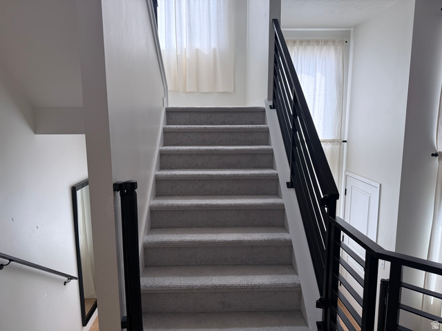 774 West 480 South American Fork, UT 84003 - Photo 37 of 76 Staircase featuring light gray carpeting and black metal railings with horizontal spindles