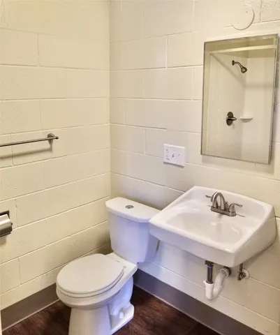 a bathroom with a sink toilet and a mirror
