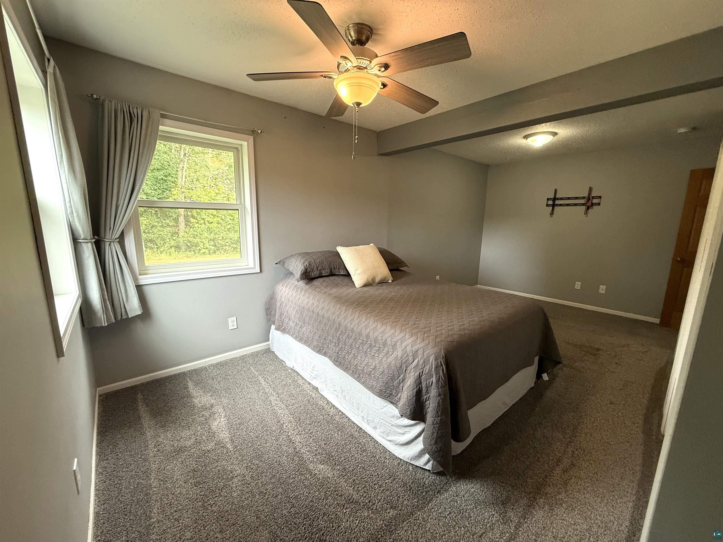 5080 Tower Road Moose Lake, MN 55767 - Photo 22 of 49 Carpeted room with a ceiling fan, two windows, and a wall-mounted light fixture