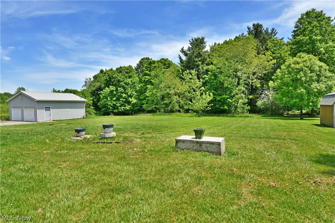 754 Warner Road Hubbard, OH 44425 - Photo 43 of 46 Expansive green lawn with a detached two-car garage featuring a metal roof