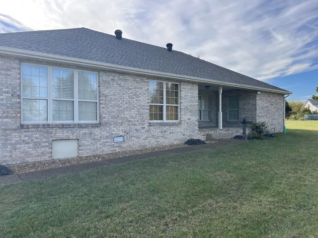 a view of a field with trees in background