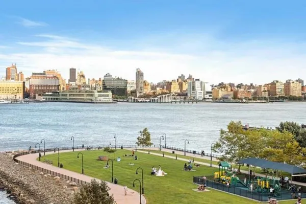a view of a lake with a city