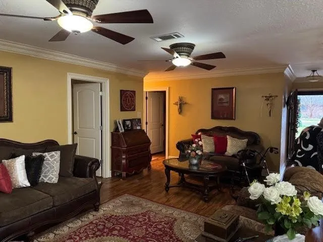 a living room with furniture and a ceiling fan