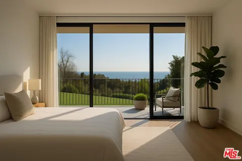 a bedroom with a bed and a balcony