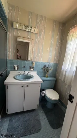 a bathroom with a toilet sink and mirror