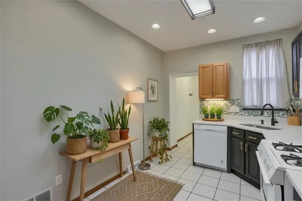 a kitchen with a potted plant on the counter and cabinets