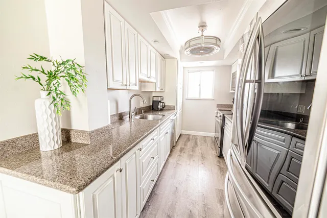 a kitchen with granite countertop a sink a stove and a potted plant