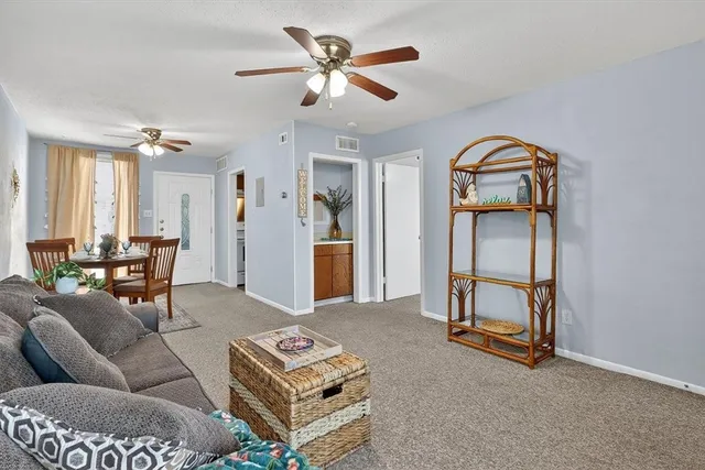 a living room with furniture a ceiling fan and a rug