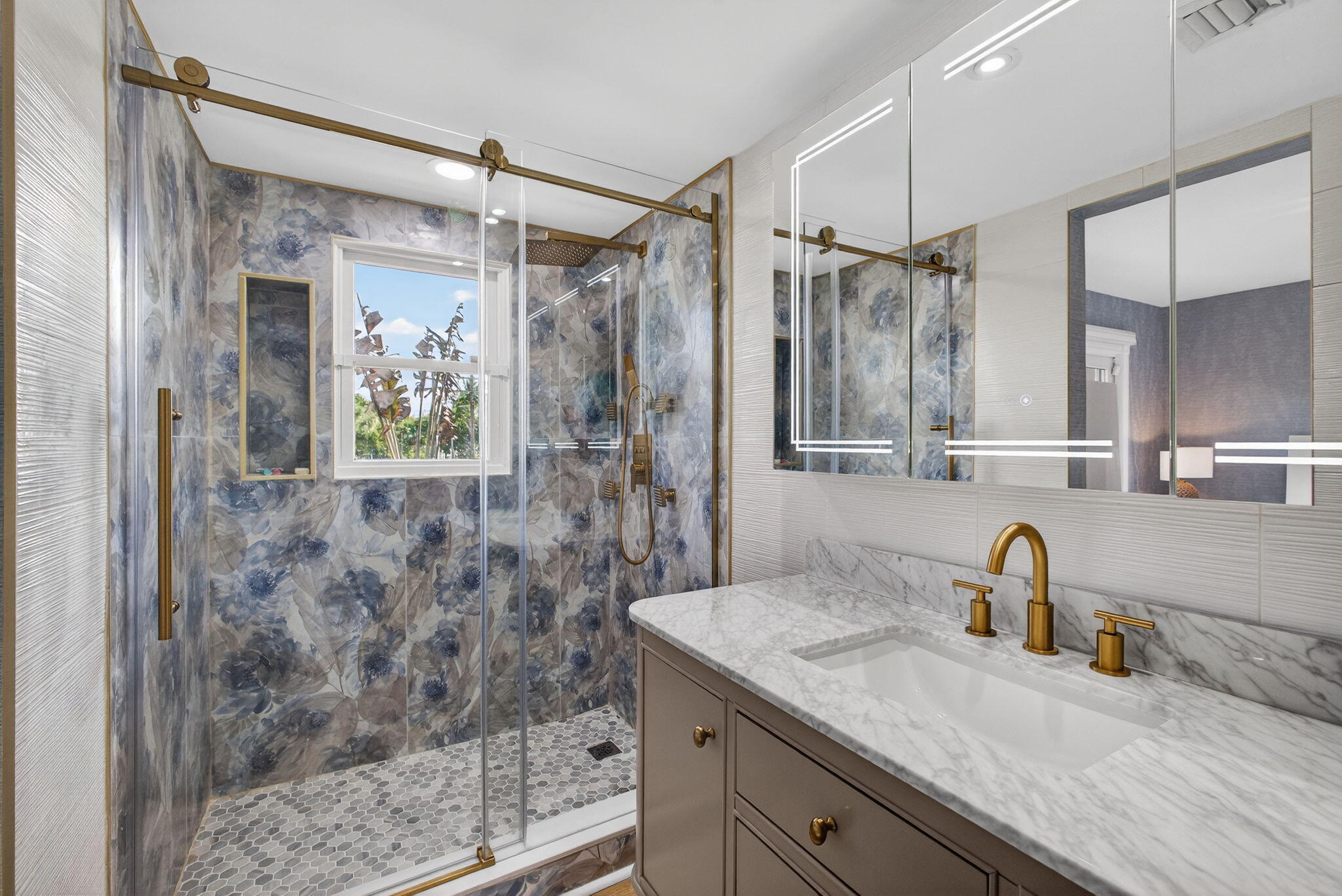 129 South Golfview Road, Unit 6 Lake Worth Beach, FL 33460 - Photo 16 of 51 a bathroom with a granite countertop sink a mirror a shower and a window