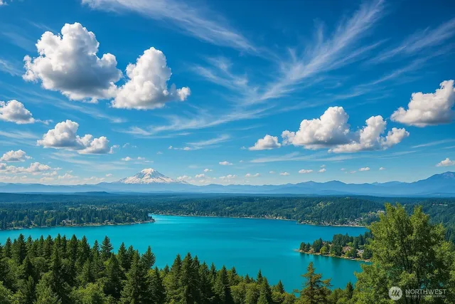 a view of a lake with sunset