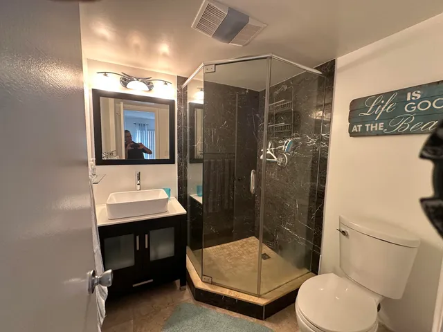 a bathroom with a sink a toilet a mirror and shower