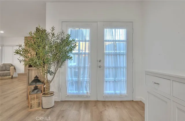 an empty room with wooden floor and a potted plant
