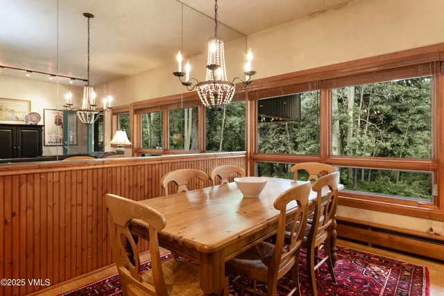 a view of a dining room with furniture window and outside view