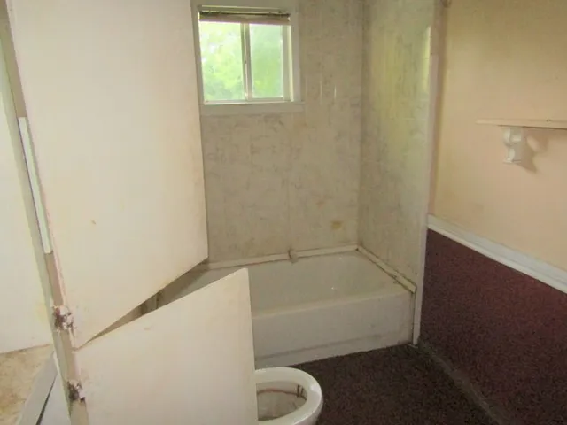 a bathroom with a toilet a sink and mirror