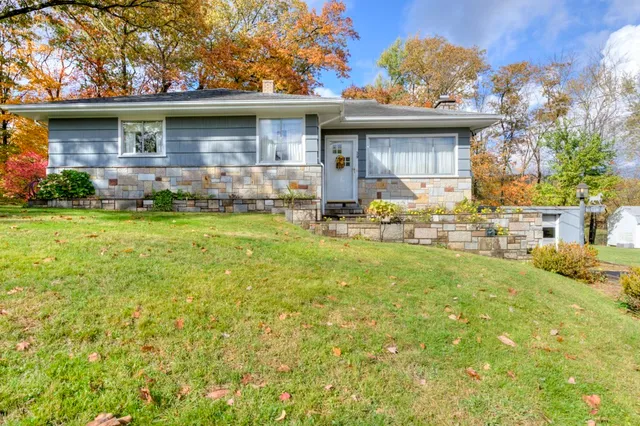 a front view of house with yard and green space