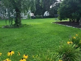 a view of a house with backyard and garden