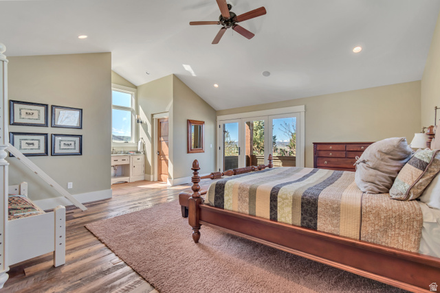 2579 Splendor Valley Road Kamas, UT 84036 - Photo 76 of 87 Bedroom with access to outside, light wood finished floors, ceiling fan, recessed lighting, and lofted ceiling