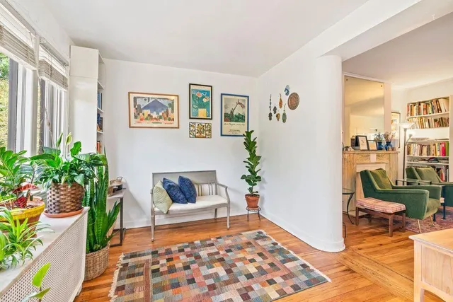 a living room with furniture and a potted plant