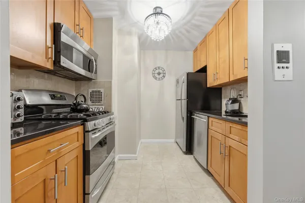 a kitchen with stainless steel appliances granite countertop a stove a refrigerator and a microwave