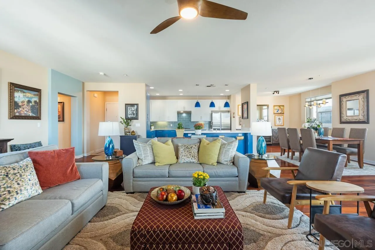 3650 Fifth Avenue, Unit 614 San Diego, CA 92103 - Photo 24 of 62 a living room with furniture kitchen view and a chandelier