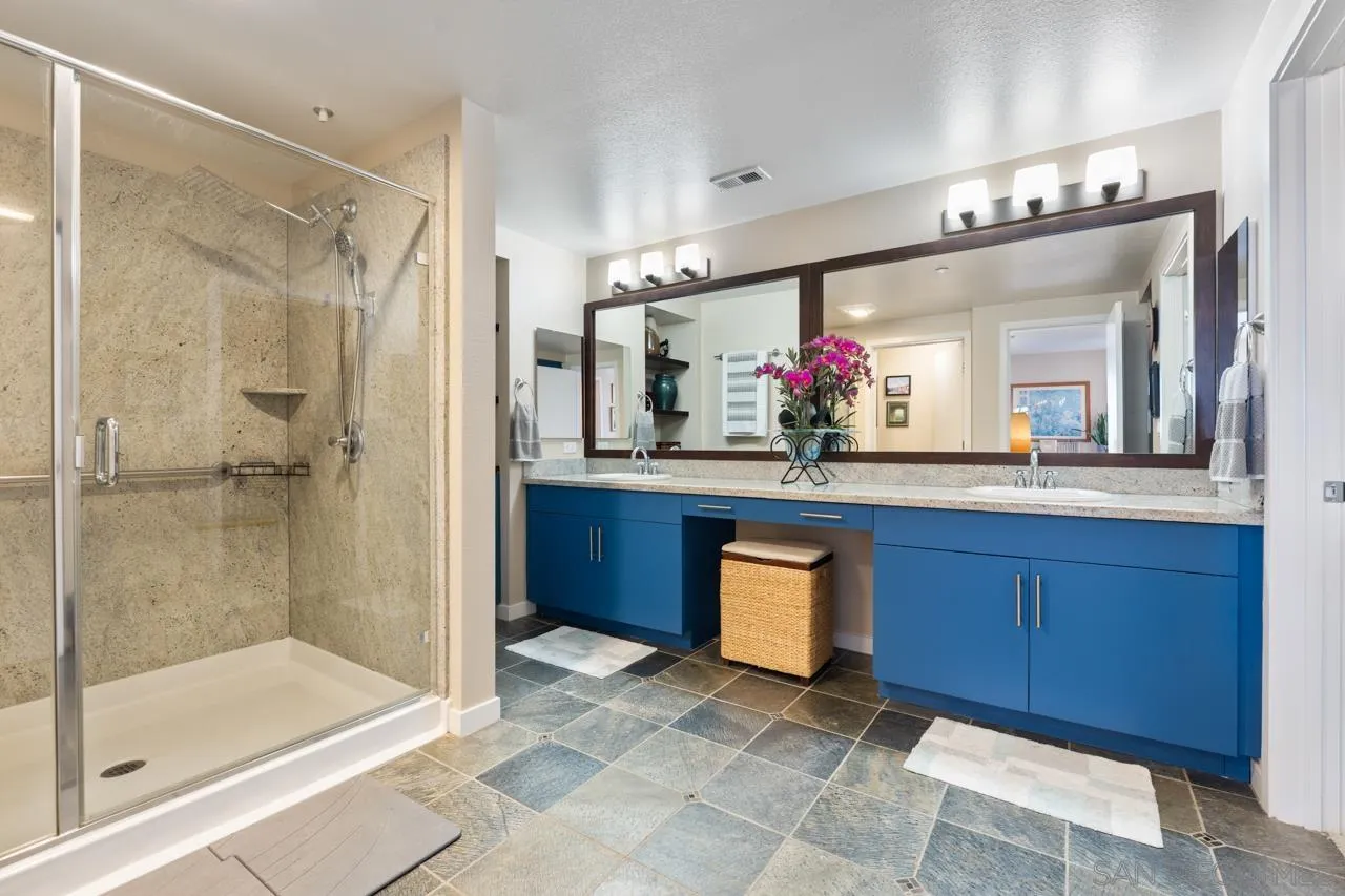 3650 Fifth Avenue, Unit 614 San Diego, CA 92103 - Photo 40 of 62 a bathroom with a sink mirror and a shower