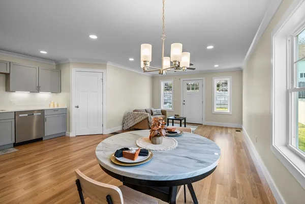 a view of a dining room with furniture window and wooden floor