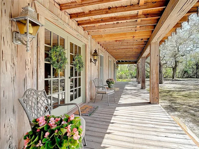 a porch with seating space