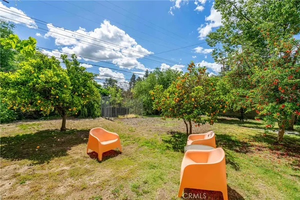 a view of a backyard with table and chairs plants and trees