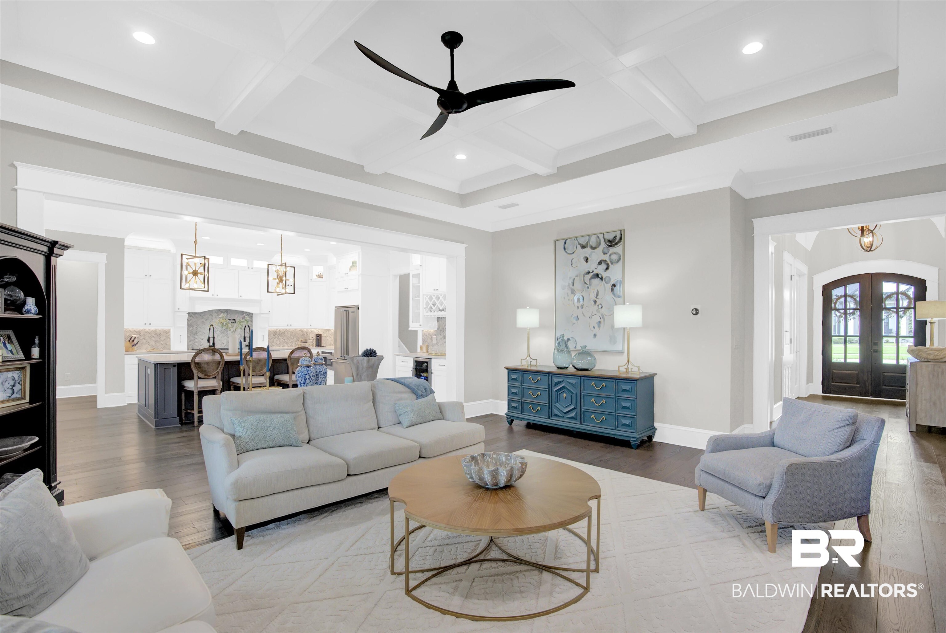 10940 Atrium Avenue Fairhope, AL 36532 - Photo 6 of 43 Living room featuring ceiling fan, french doors, coffered ceiling, and light wood-type flooring