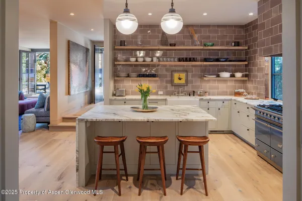 a kitchen with stainless steel appliances granite countertop a stove a sink and a refrigerator