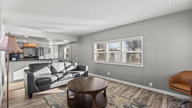 a living room with furniture and a dining table with kitchen view