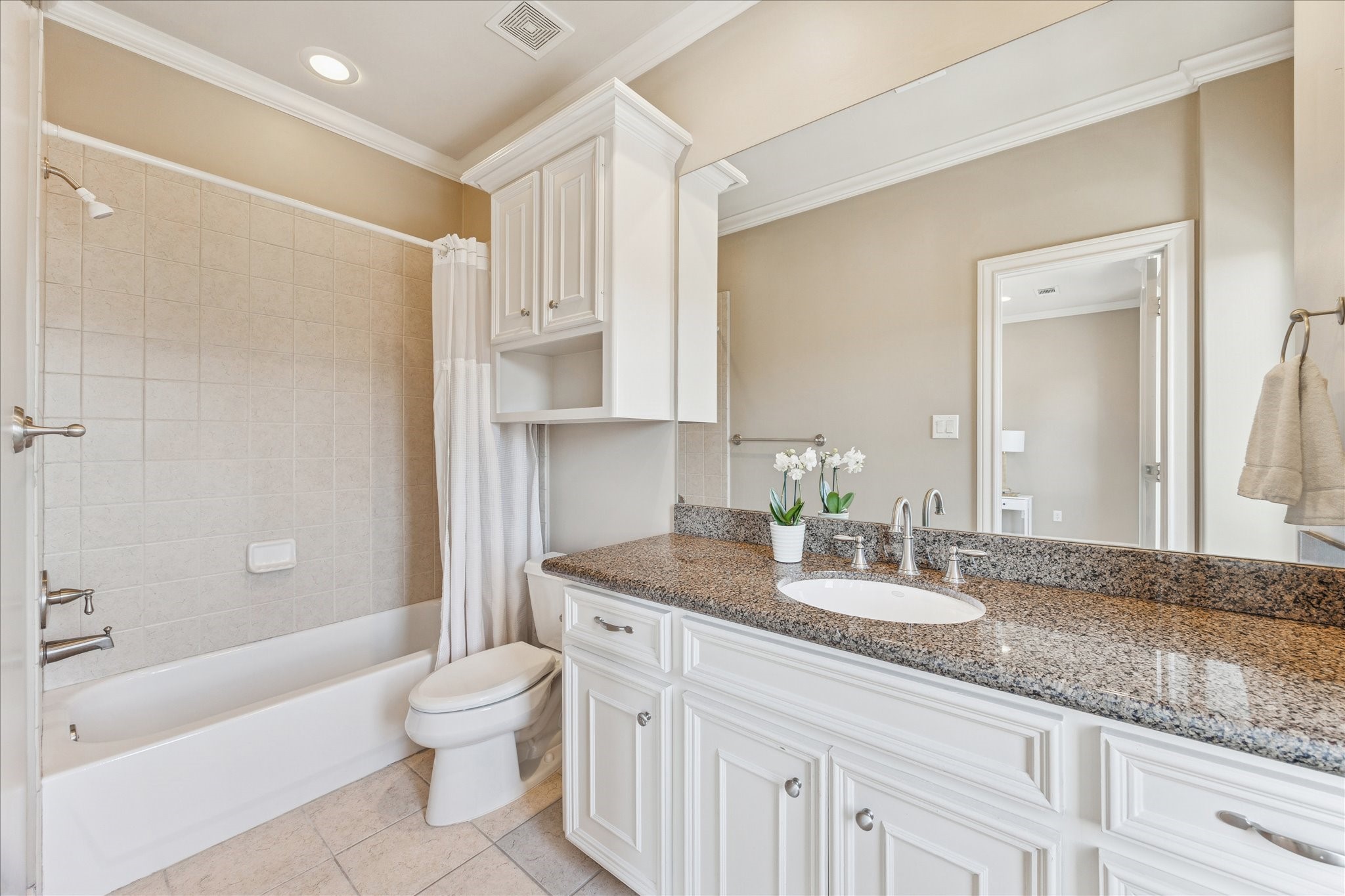 1712 McDuffie Street Houston, TX 77019 - Photo 17 of 27 a bathroom with a granite countertop sink a toilet and shower