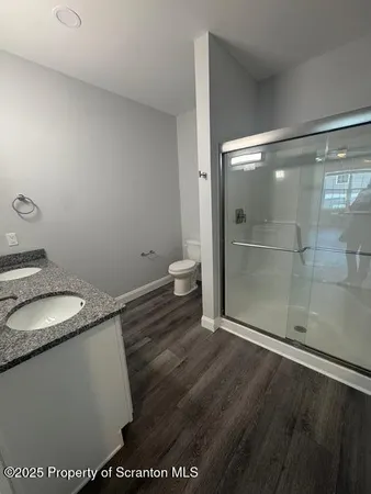 a bathroom with a granite countertop sink a toilet and a glass door shower