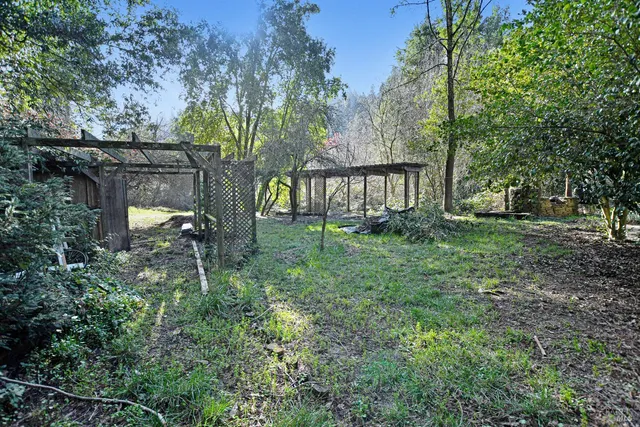 a view of house with yard and a trees
