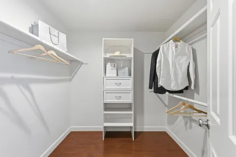 a view of walk in closet with clothes and shoes