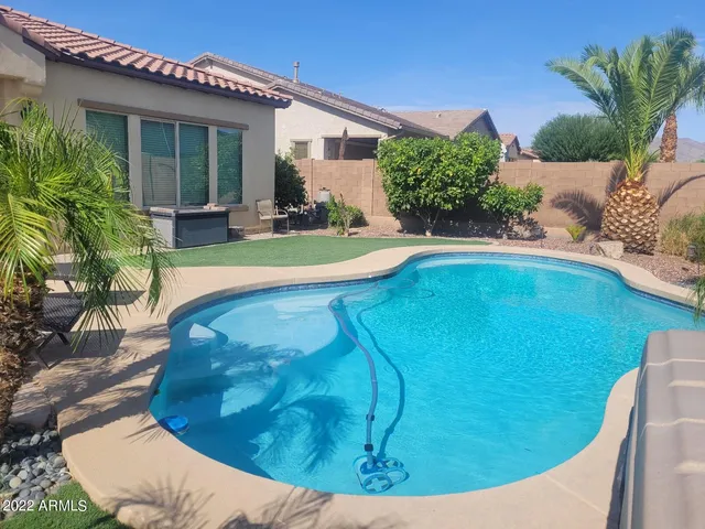 a view of a swimming pool with potted plants