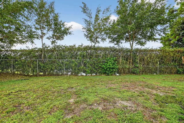 a view of a grassy field with trees in the background