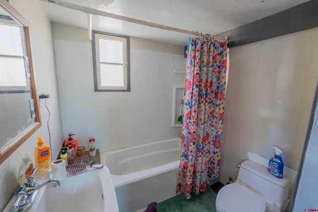 a bathroom with a toilet and a shower curtain