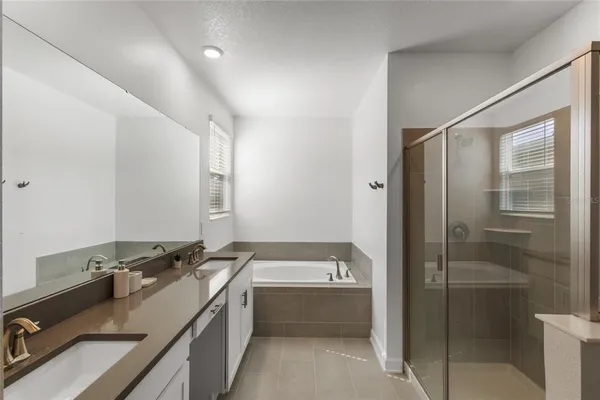 a bathroom with a tub sink shower and mirror