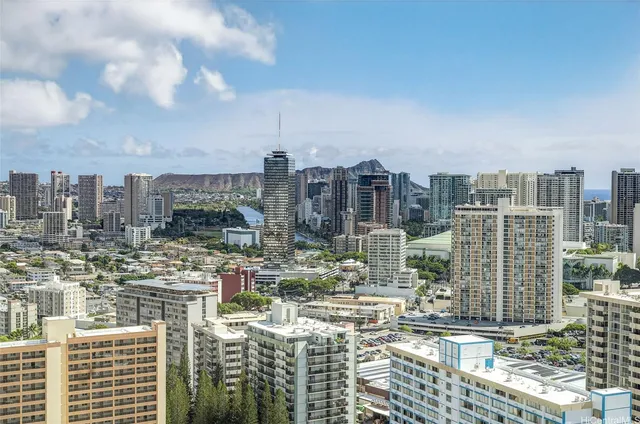 a city view with tall buildings