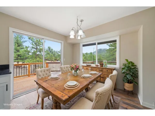 a view of a dining room with furniture window and outside view