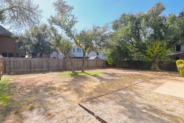 a view of a backyard with large trees