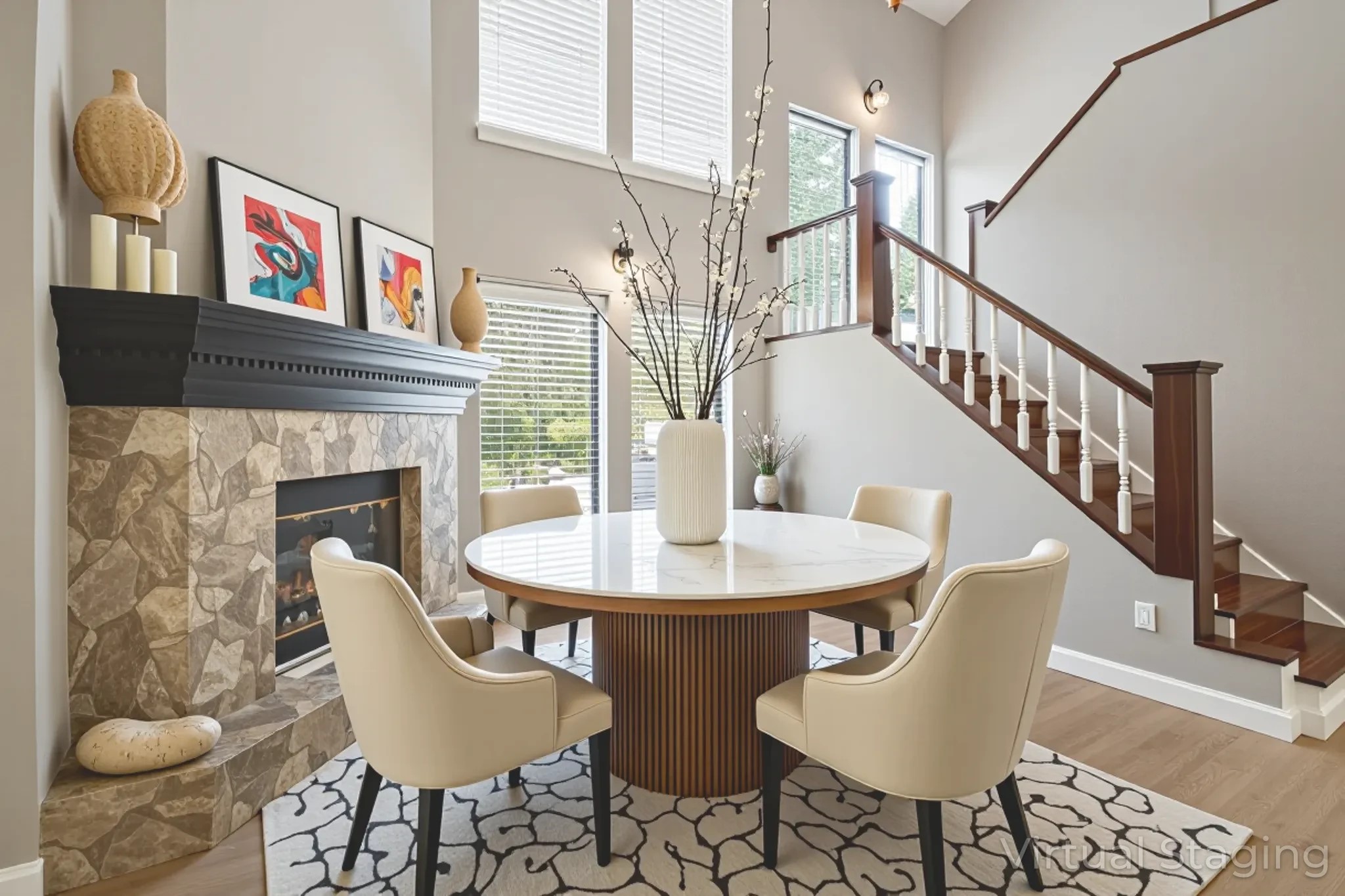 35 Susan Drive Cleveland, TX 77327 - Photo 23 of 33 Digitally staged to showcase a cozy and elegant living space, this room features a stylish fireplace, abundant natural light, and a chic dining area perfect for modern living.