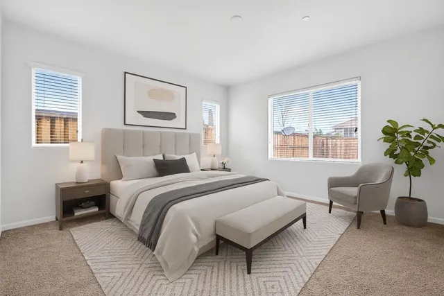 a bedroom with a bed and a couch