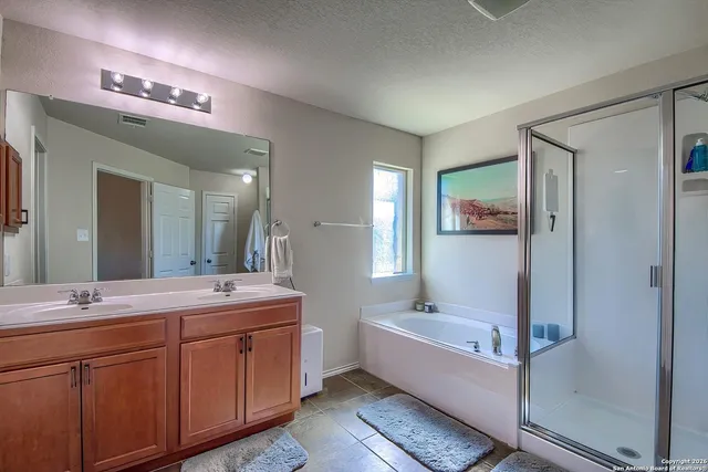 a bathroom with a tub a double vanity sink and mirror
