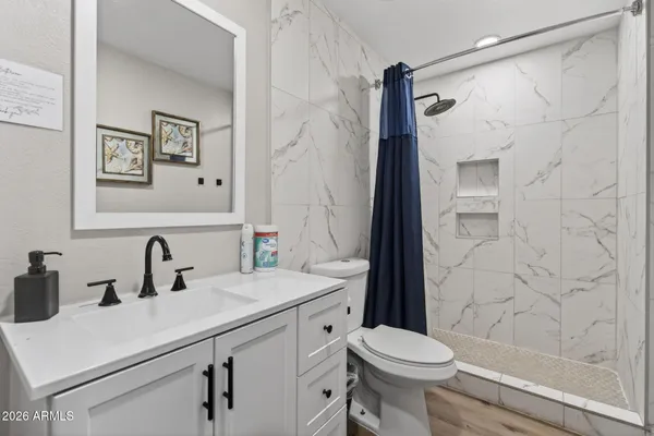 a bathroom with a sink toilet and shower