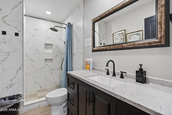 a bathroom with a granite countertop sink a toilet and shower