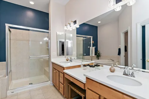 a bathroom with a double vanity sink mirror and shower