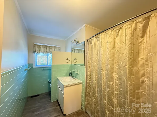 a bathroom with a sink a mirror and a shower