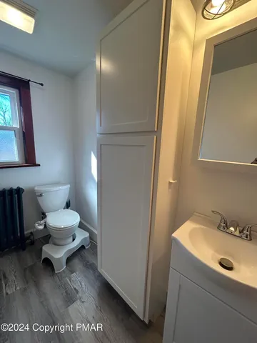 a bathroom with a sink toilet and mirror